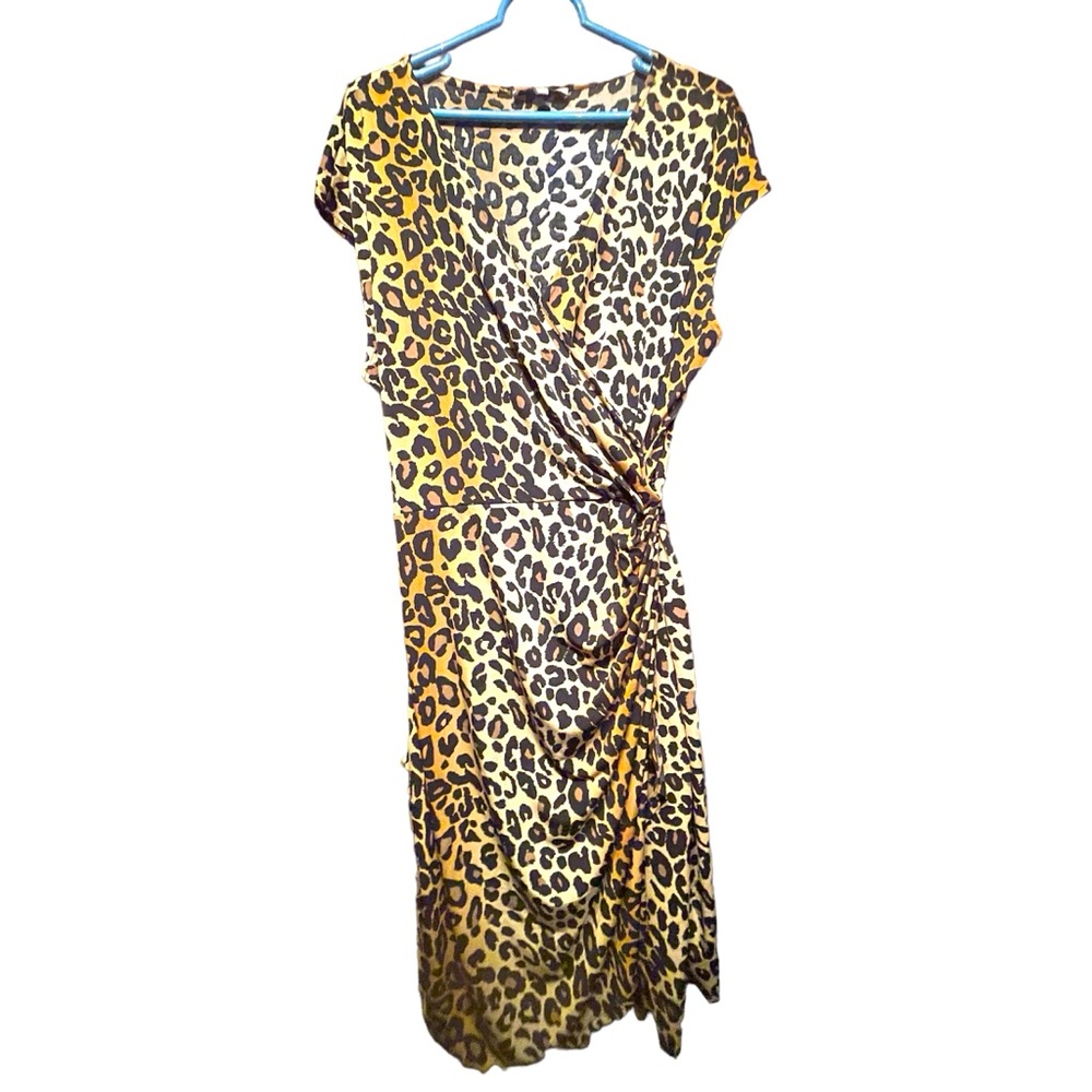 Lark & Ro Leopard Print Wrap Dress Polyester Cap Sleeve Mid-Length Stretchy XL